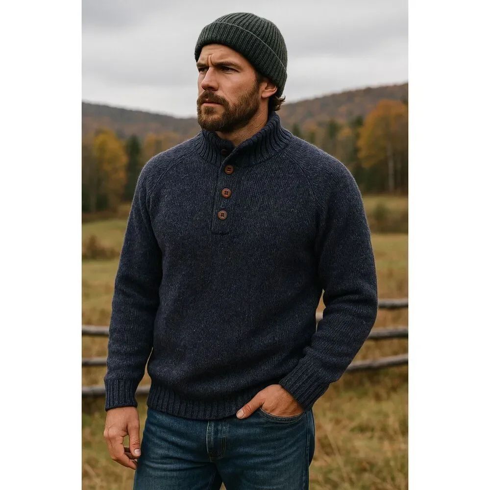 L.L. Bean 100% Lambswool Sweater Mock Neck Pullover Navy Large Tall Chunky Knit